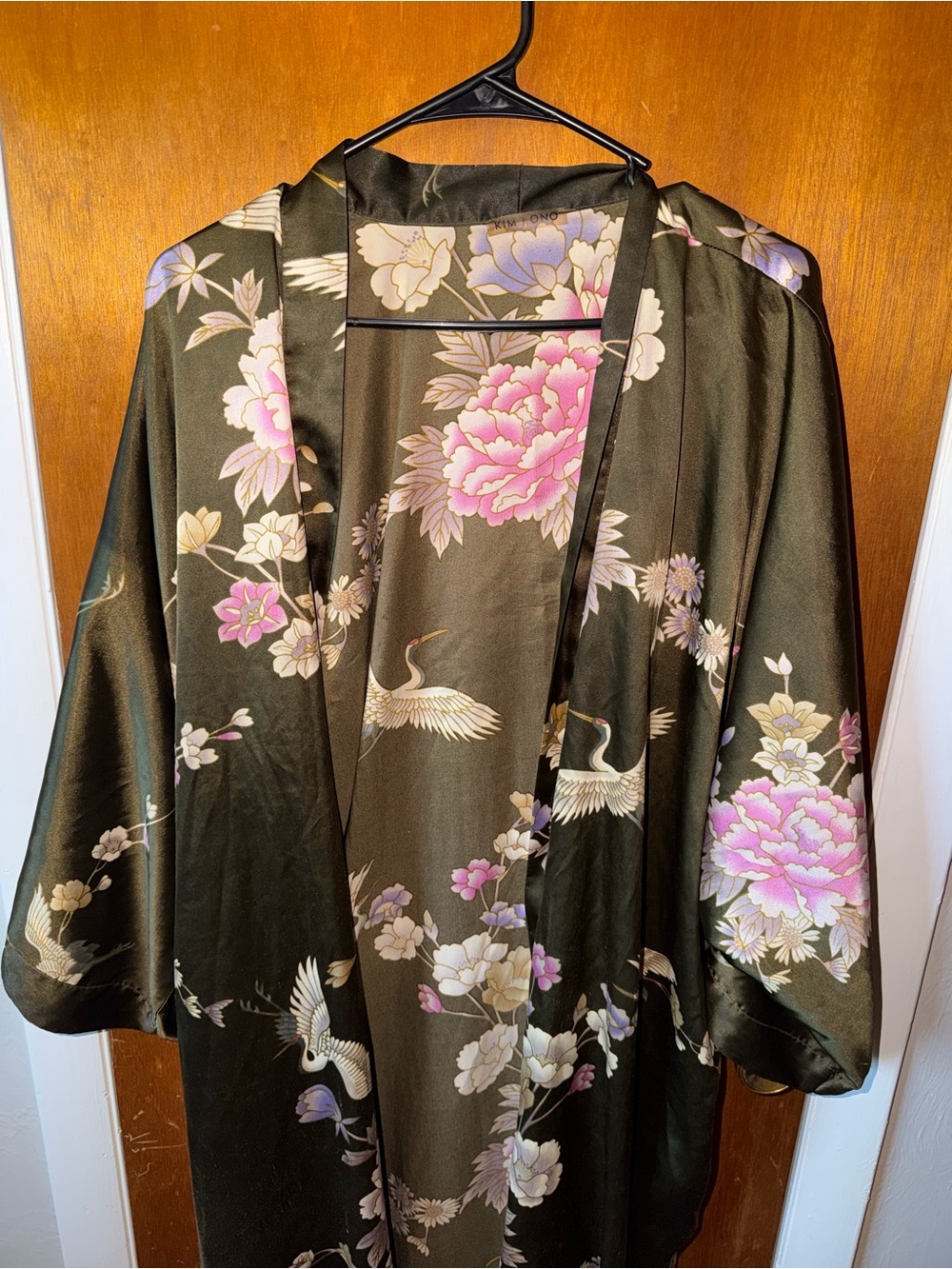 Olive Satin Floral Crane Kimono Robe with Pink Accents